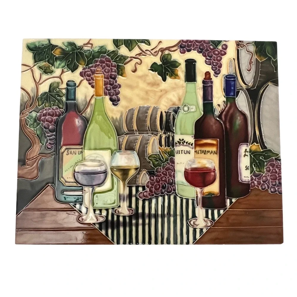 Hand Painted Ceramic Wine Vineyard Art Tile Decorative Wall Plaque 12x8 Raised